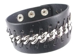 Clearance Pulsera De Piel Negra Con Cadena Acero Entrelazada