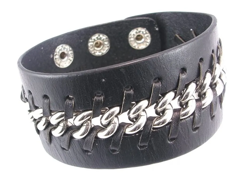 Clearance Pulsera De Piel Negra Con Cadena Acero Entrelazada