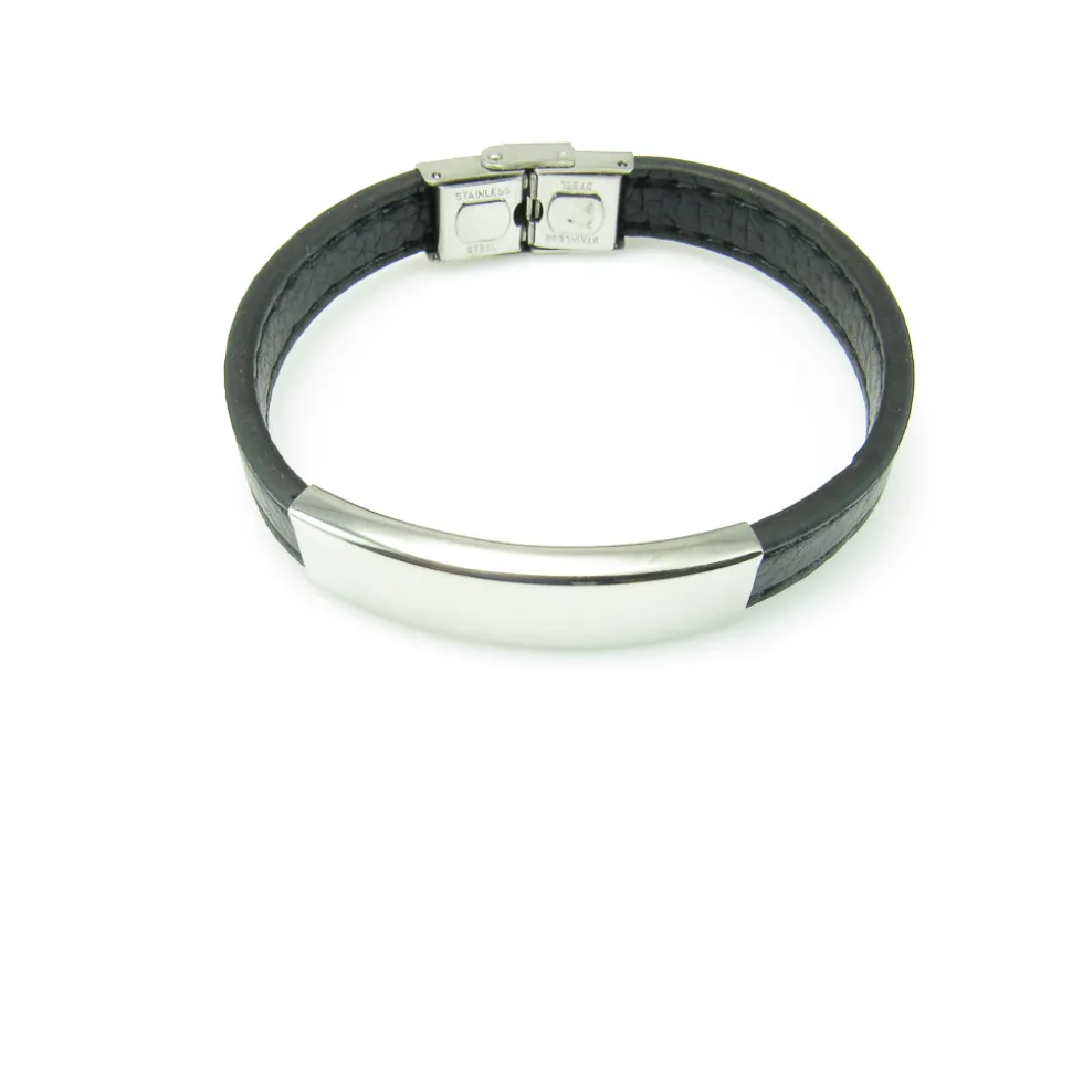 Pulsera De Piel Negra Pespunteada Y Acero Inoxidable