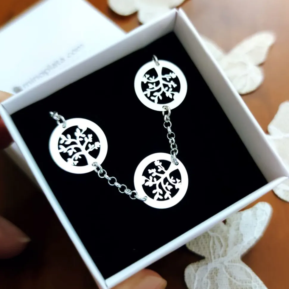 Pulsera De Plata De Ley Con Árboles De La Vida