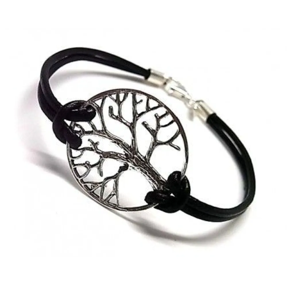 New Pulsera De Plata Y Cuero Árbol De La Vida