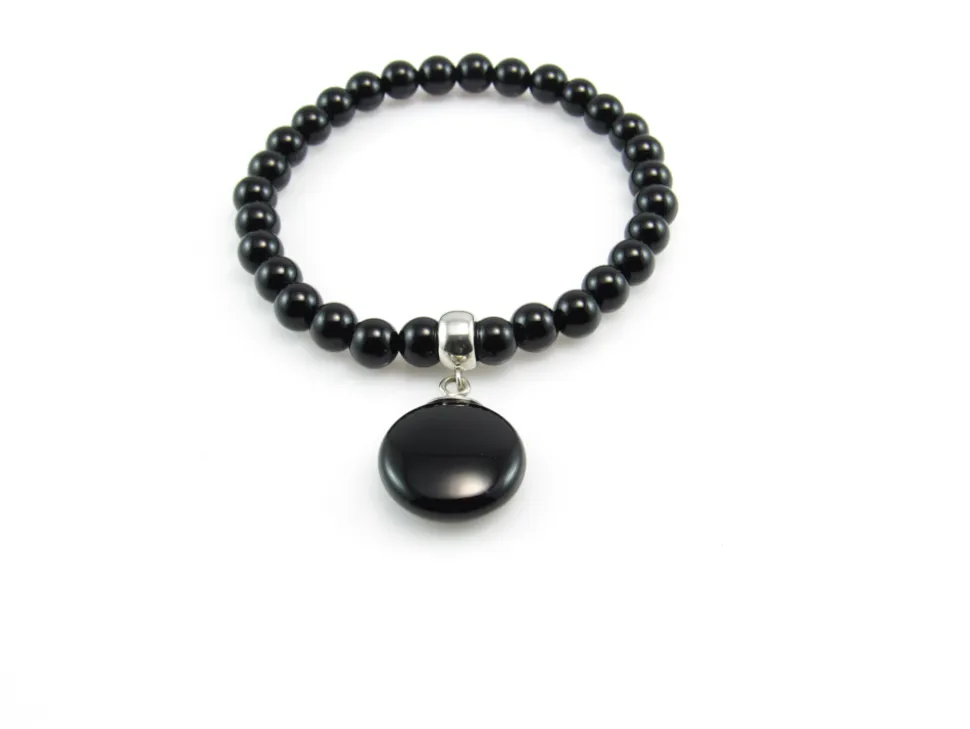 Pulsera Elastica Plata De Ley Y Bolas De Onix 6 Mm.