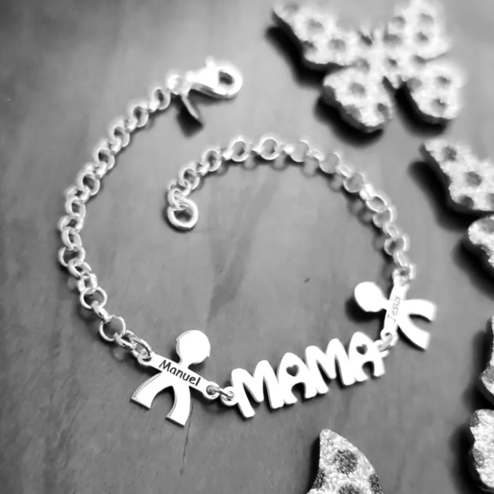 Pulsera Mamá De Plata Personalizada Con Niños Y Nombres