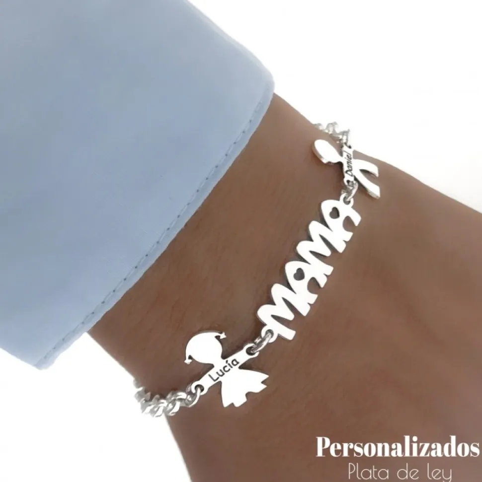 Pulsera Mamá De Plata Personalizada Con Niños Y Nombres