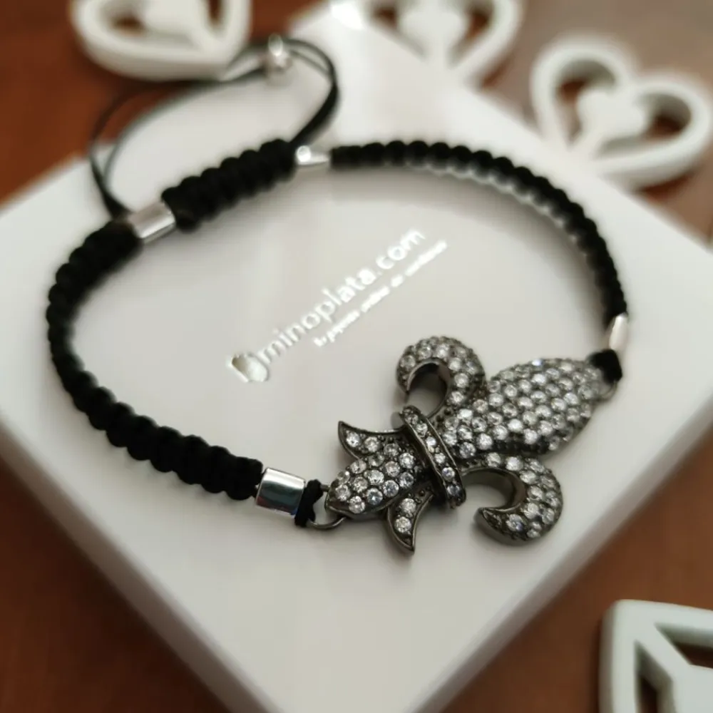 New Pulsera Plata Y Rutenio Algodon Flor De Lys Y Circonitas Blancas