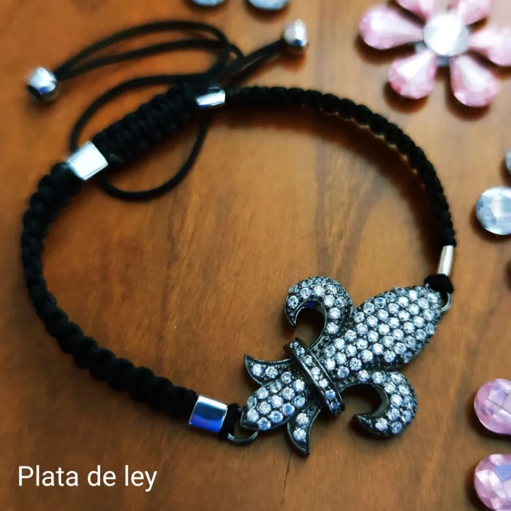 New Pulsera Plata Y Rutenio Algodon Flor De Lys Y Circonitas Blancas