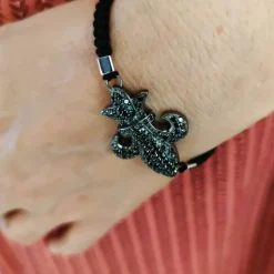 Pulsera Plata Y Rutenio Algodón Flor De Lys Con Circonita Negra