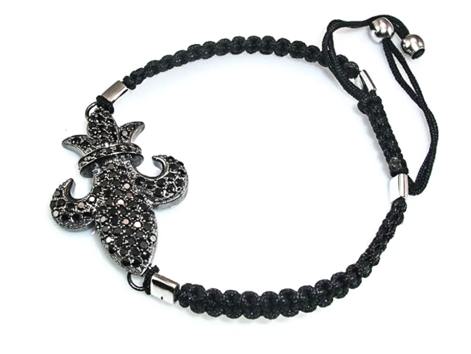 Pulsera Plata Y Rutenio Algodón Flor De Lys Con Circonita Negra