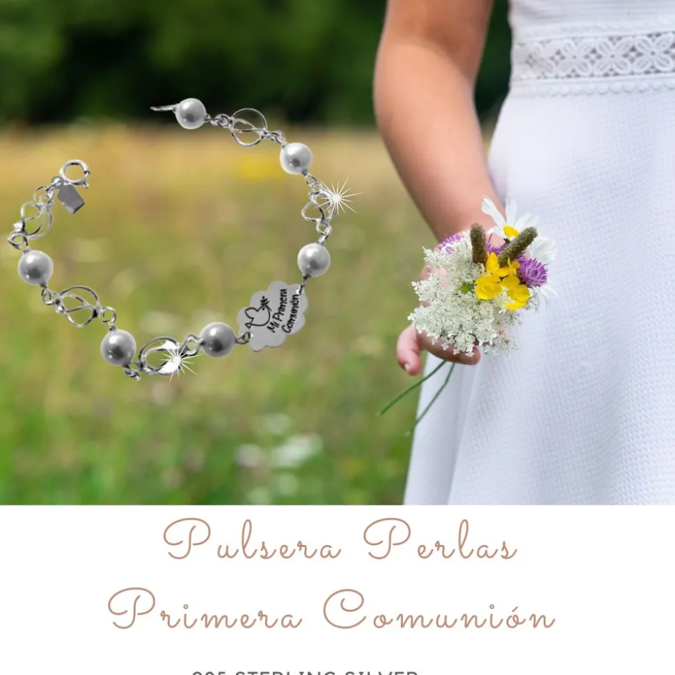 Pulsera Primera Comunión Nube De Plata De Ley Con Perlas