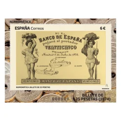 Outlet Sello Billete de 25 pesetas. 1874 | Serie Numismática | Hoja Bloque