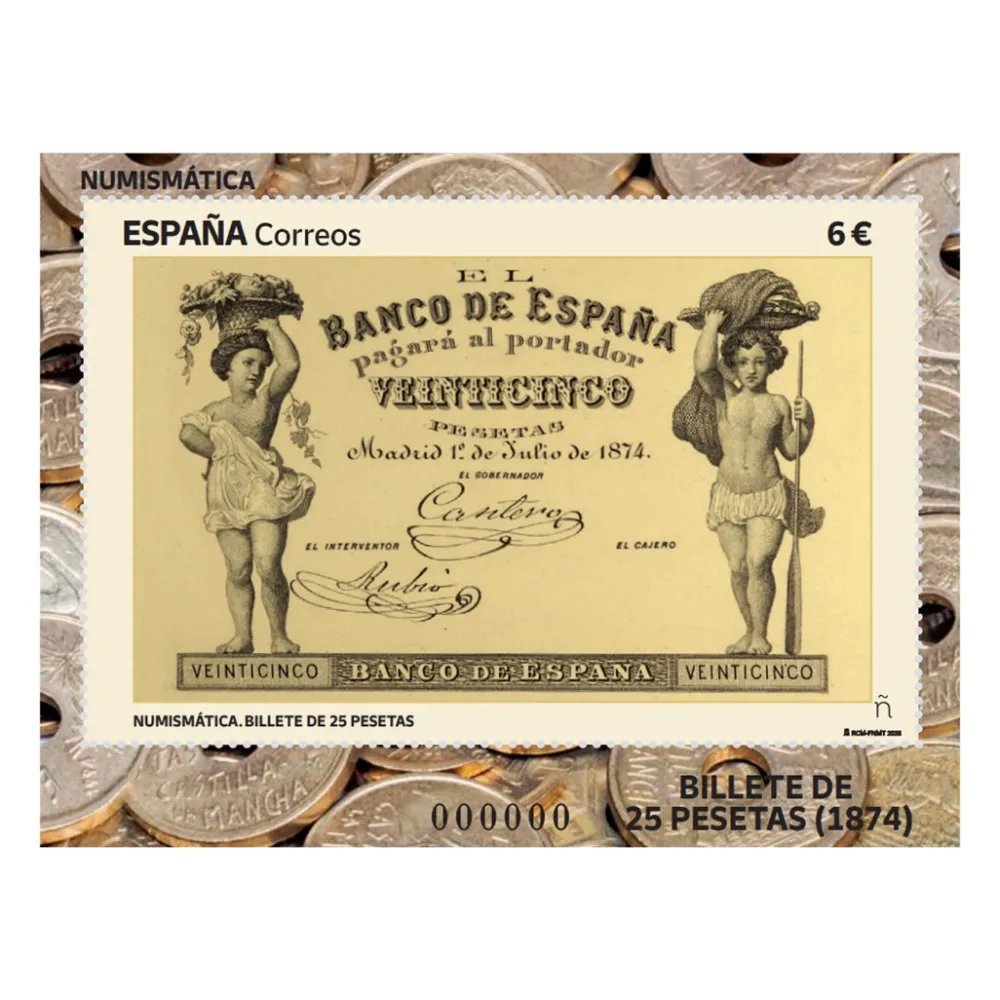 Outlet Sello Billete de 25 pesetas. 1874 | Serie Numismática | Hoja Bloque