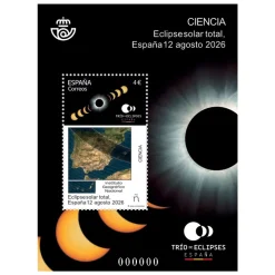Sello Eclipse total España 12 de agosto 2026 | Serie Ciencia | Hoja Bloque