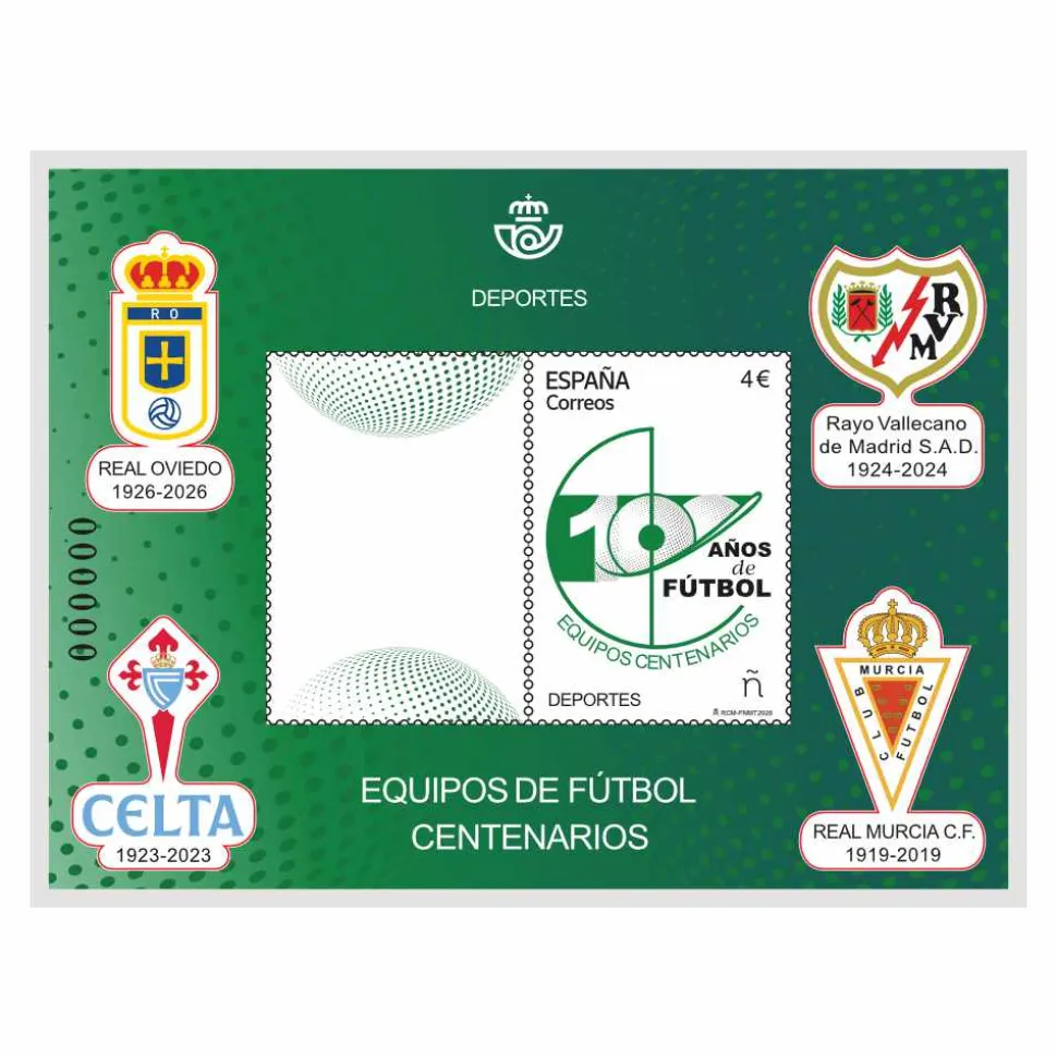 Sello Equipos de Fútbol centenarios: Real Oviedo; Rayo Vallecano; Celta; Real Murcia | Hoja Bloque