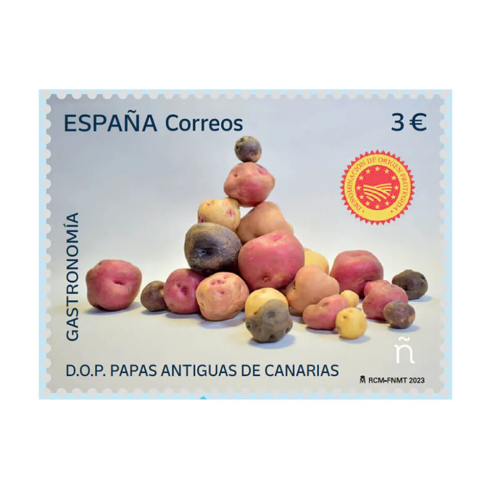 Sello gastronomía Canarias. Queso majorero y papas antiguas de Canarias | Hoja bloque