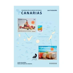 Sello gastronomía Canarias. Queso majorero y papas antiguas de Canarias | Hoja bloque