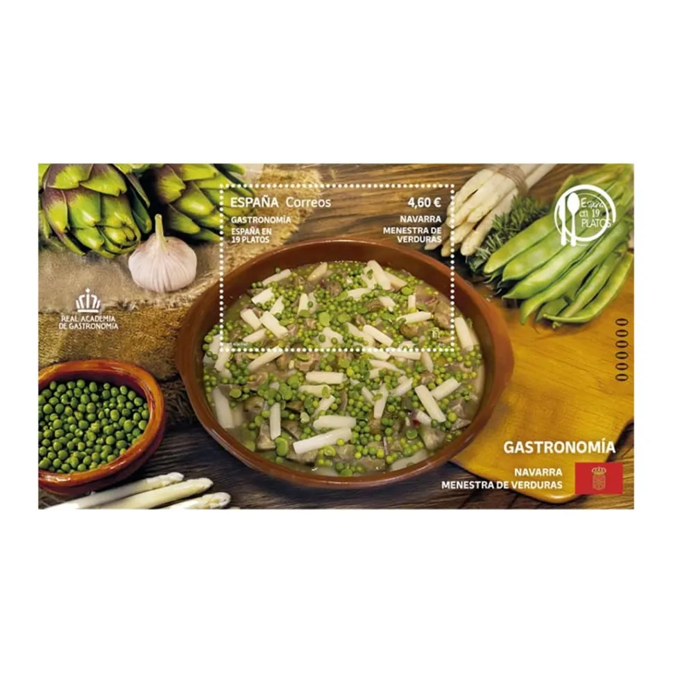 Sello Menestra de verduras. Navarra | Gastronomía: España en 19 platos 2025 | Hoja bloque