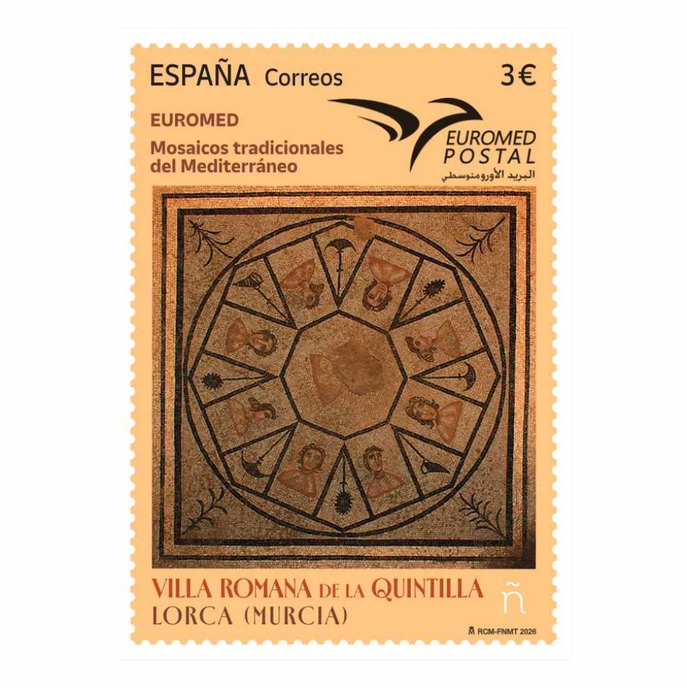Sello Mosaicos tradicionales del Mediterráneo. Villa romana de la Quintilla. Lorca (Murcia) | Serie Euromed