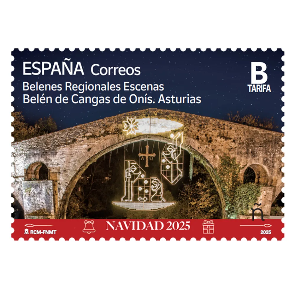 Online Sello Navidad 2025. Tarifa B | Belenes regionales escenas. Belén de Cangas de Onís. Asturias | Pack de 5