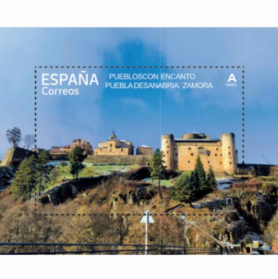 Sello Pueblos con Encanto 2026 | Alcúdia, Sanabria, Villanueva de los Infantes, Zahara de los Atunes | Tarifa A | Hoja bloque