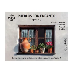 Hot Sello Pueblos con Encanto 2025 | Castro Caldelas, Comillas, Roncal y Trujillo | Hoja bloque