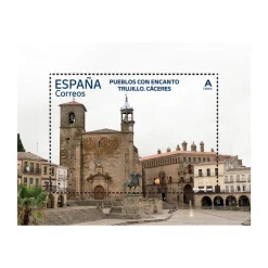 Hot Sello Pueblos con Encanto 2025 | Castro Caldelas, Comillas, Roncal y Trujillo | Hoja bloque