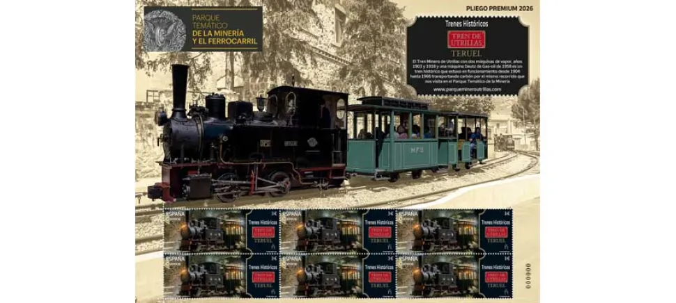 Sello Tren de Utrillas. Teruel | Serie Trenes históricos | Pliego Premium