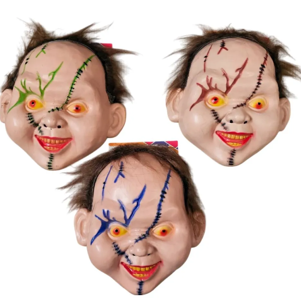 Set 3 Máscaras Chucky con pelo Muñeco Diabólico PVC - Azul, Marrón y Verde