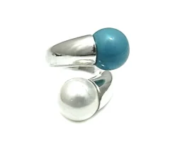 Sale Sortija De Plata Con Doble Perla Blanca Y Turquesa 12 Mm.