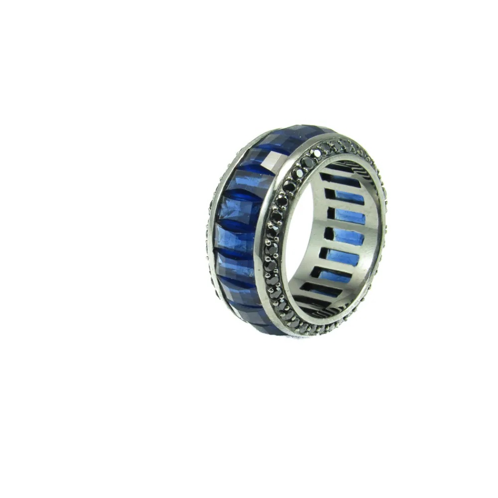 Discount Sortija De Plata Y Rutenio Cristal Azul Con Circonitas Negras