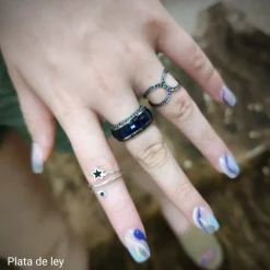 Discount Sortija De Plata Y Rutenio Cristal Azul Con Circonitas Negras