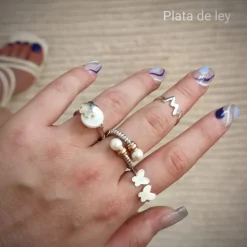 Sortija Flor De Plata Con Perla Adaptable