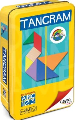 Tangram de madera en caja de metal