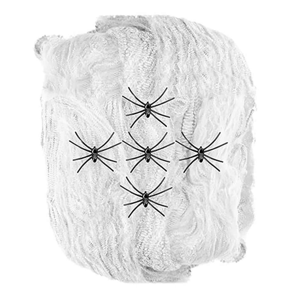 Telaraña Blanca de 100 g con 5 Arañas Fluorescentes