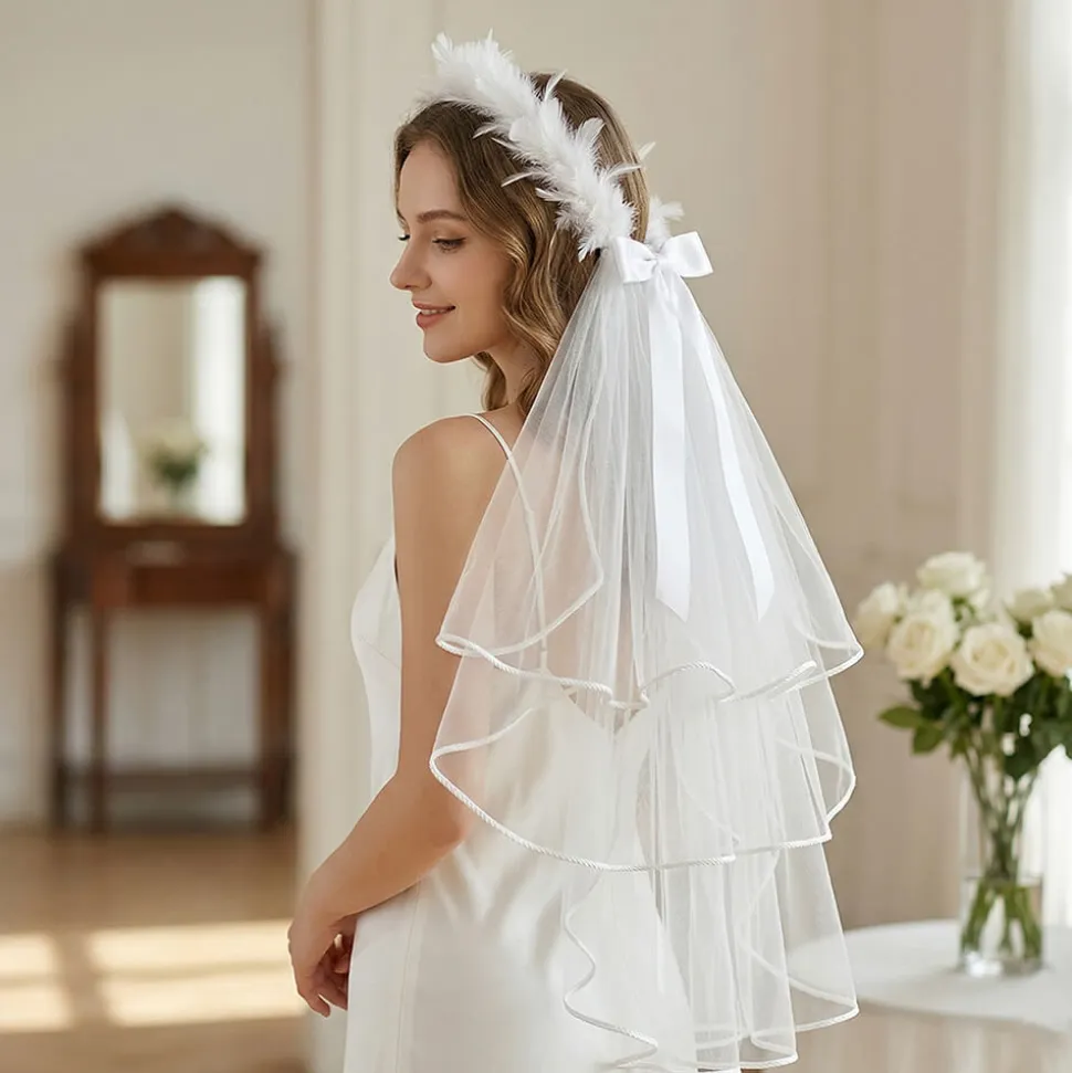 Velo de Novia Blanco con Plumas